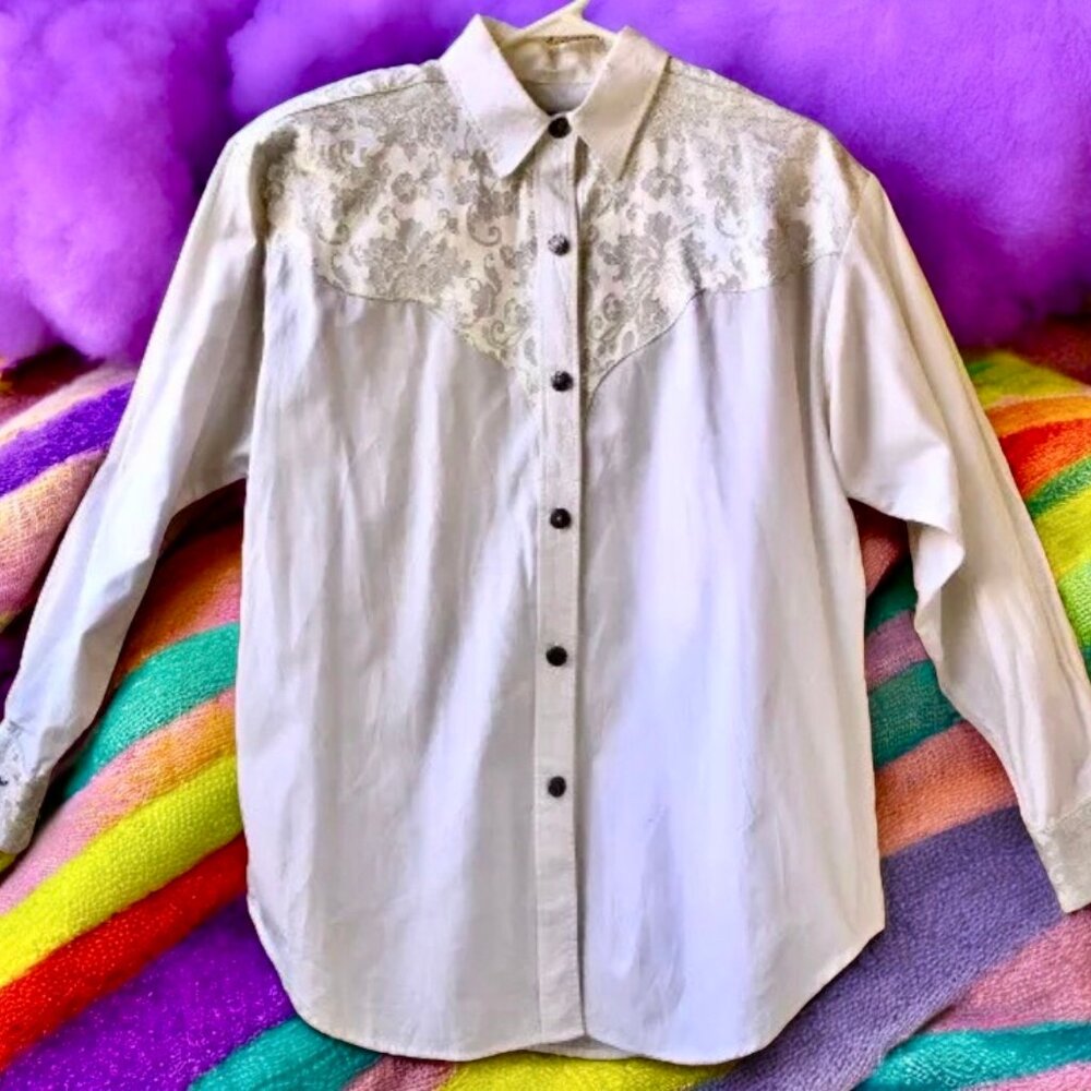 Longhorn Western Shirt Womens Medium White Button Up Long Sleeve Pretty